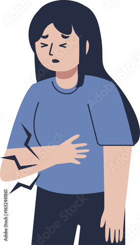 A young woman in a blue shirt suffers from abdominal pain, clutching her stomach while her arm also shows signs of injury or discomfort.
