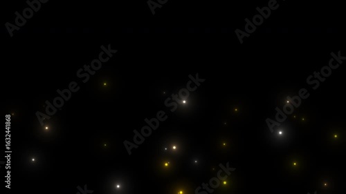 Glowing flying small gold fireflies forest floor magic sparkles floating particles dust looping on black background overlay.