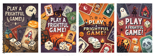 Set of four posters featuring Halloween-themed board game art with pumpkins ghosts and colorful dice