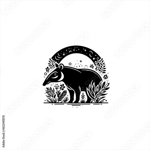 Stylized black tapir silhouette surrounded by nature and celestial elements
