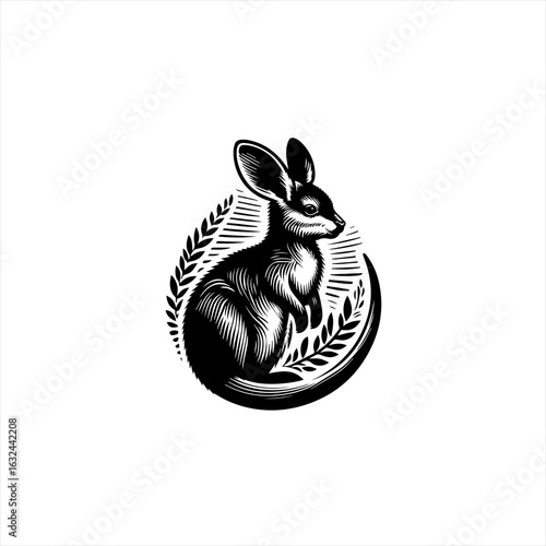 Black and white illustration of a wallaby in a circular frame with leaves