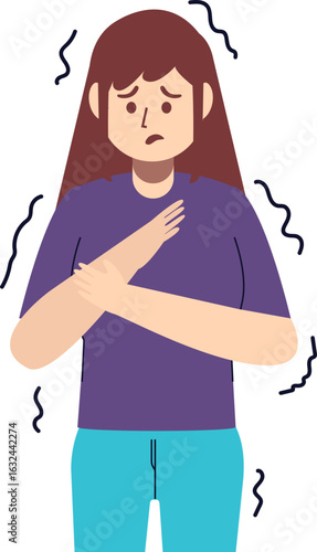 A frightened woman with a worried expression trembles and shivers from anxiety or cold.