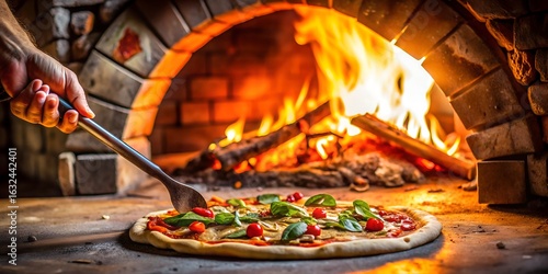 Fototapeta Naklejka Na Ścianę i Meble -  A delicious pizza is being prepared in a traditional woodfired oven, with flames licking the bricks and fresh basil and tomatoes as toppings