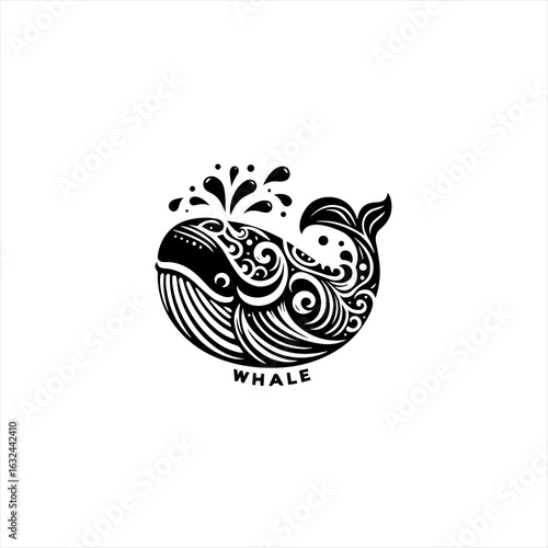 Wallpaper Mural Stylized black and white whale with ornate patterns and water spout Torontodigital.ca