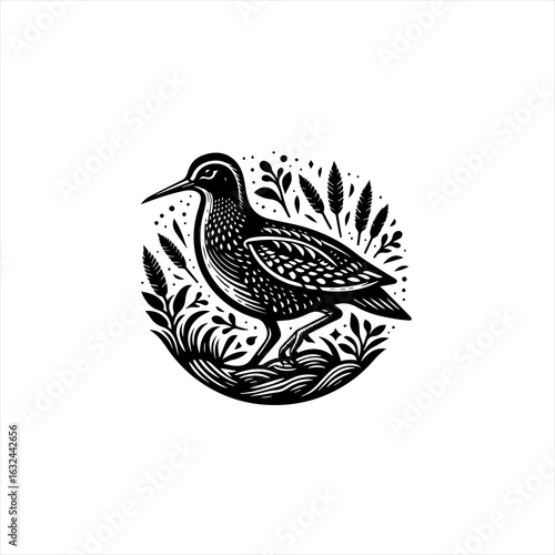 Black and white illustration of a sandpiper bird in tall grass