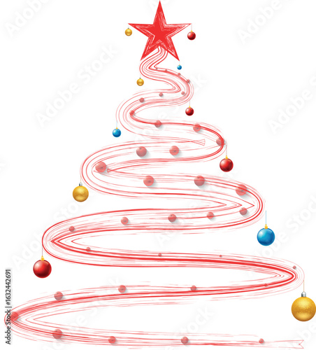Christmas Tree Vector on white. Red Christmas Tree Painted illustration. Sketch, drawn or painted artistic illustration of a x mas tree. Ribbon Christmas Stylish Tree. Vector can be to any size.