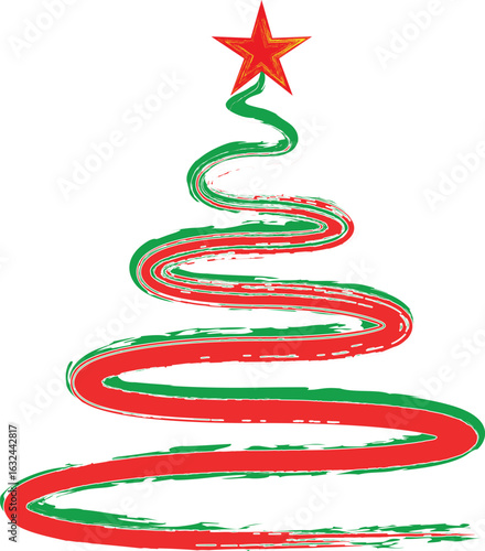 Christmas Tree Vector on white. Red Christmas Tree Painted illustration. Sketch, drawn or painted artistic illustration of a x mas tree. Ribbon Christmas Stylish Tree. Vector can be to any size.
