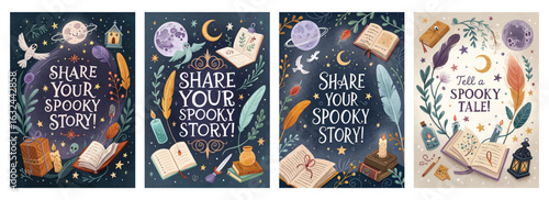 Set of four posters featuring mystical night scenes with books moons and stars for spooky storytelling