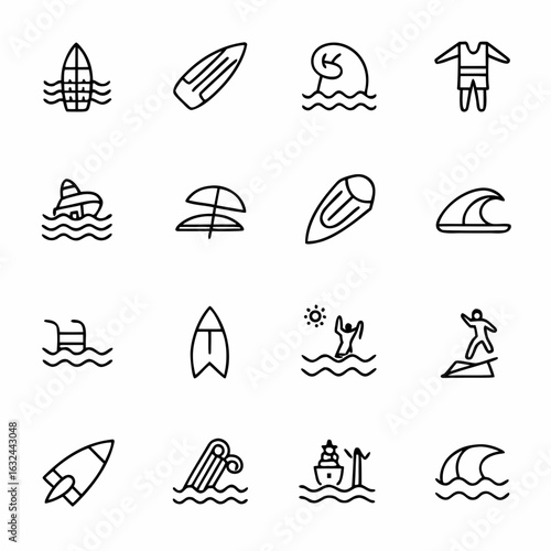 Surfing and water sports vector icons set for summer vacation and beach activities and surfing equipment