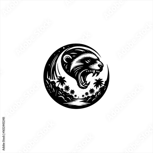 Fierce wolverine roaring in a tropical island landscape circle logo