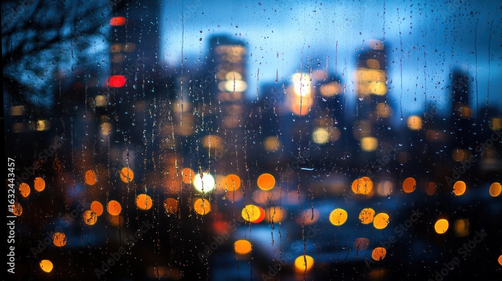 Obraz premium Through the night view of the car window, fuzzy lights and reflections, arouse the loneliness and quiet reflection of the city.