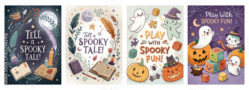 Set of four vibrant Halloween posters with charming ghosts pumpkins and mystical elements