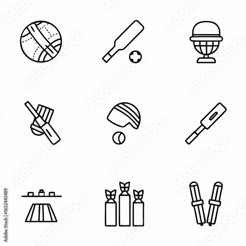 Cricket sport equipment outline icons vector set bat ball wicket helmet stumps gear design elements collection