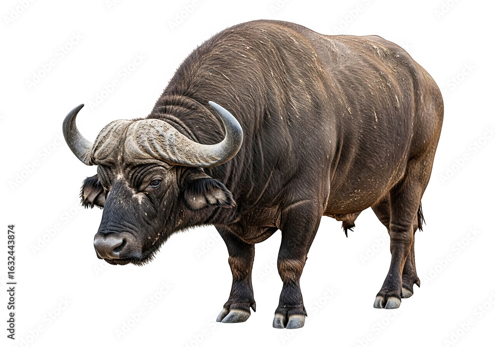 Fototapeta premium A powerful african buffalo stands on a transparent background, isolated, with its characteristic curved horns and rugged, dark coat