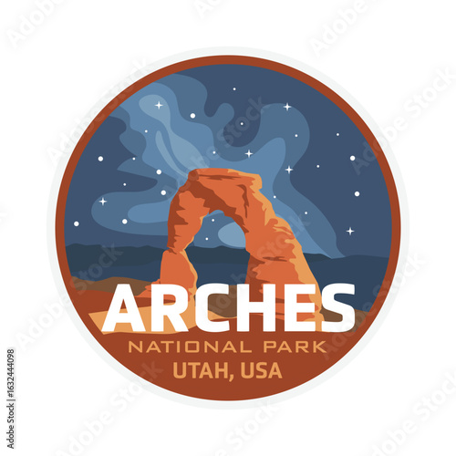 arches national park utah with milky way skyline, badge patch emblem, vector illustration