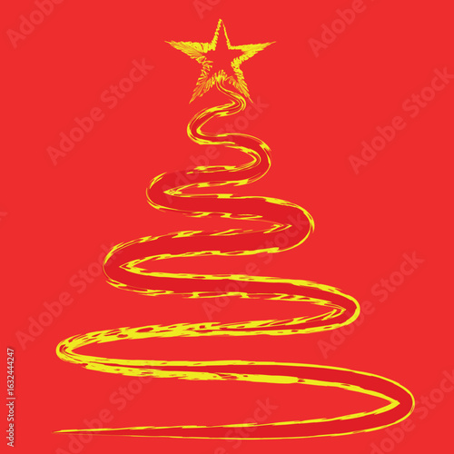 Christmas Tree Vector on white. Red Christmas Tree Painted illustration. Sketch, drawn or painted artistic illustration of a x mas tree. Ribbon Christmas Stylish Tree. Vector can be to any size.