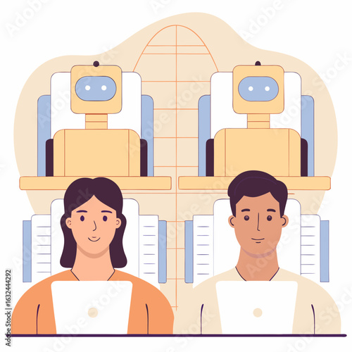Human and robot teams working together in modern office for future innovation