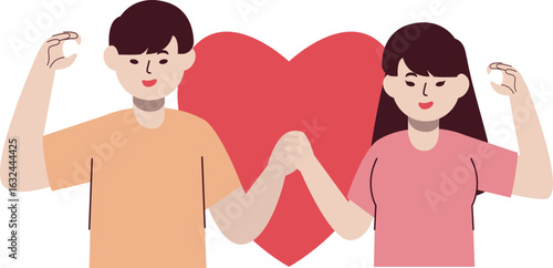 A heartwarming illustration of a couple holding hands, with a large red heart between them.