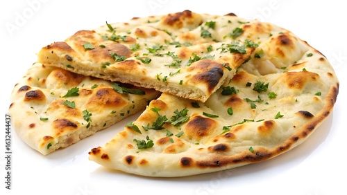white and Golden brown garlic naan bread with a slice cut out isolated on white background