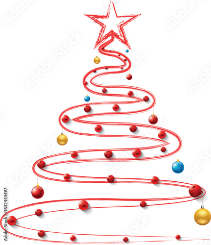 Christmas Tree Vector on white. Red Christmas Tree Painted illustration. Sketch, drawn or painted artistic illustration of a x mas tree. Ribbon Christmas Stylish Tree. Vector can be to any size.