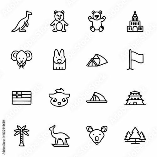 Collection of australia icons including kangaroo koala flag and sydney opera house vector line art drawing