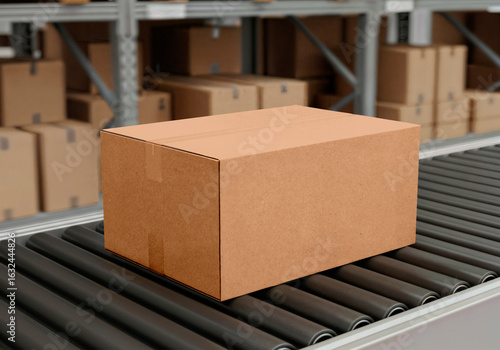 A Brown Cardboard Box Moving on a Warehouse Conveyor Belt