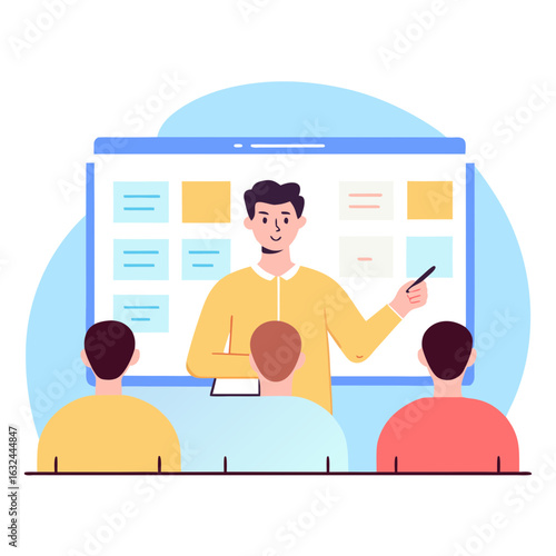 Engaging presenter leads workshop showing business strategy on screen to attentive audience