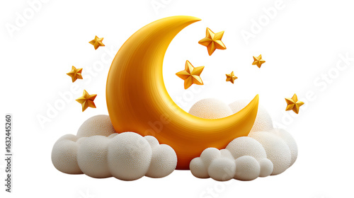 Golden crescent moon with fluffy clouds and stars isolated on transparent background