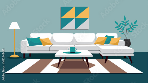 A living room with a large white sectional sofa and a low black coffee table p on a geometric patterned rug.