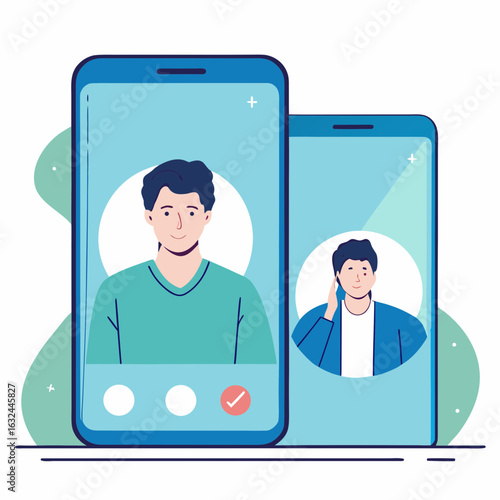 Men connect through video calls on smartphones, sharing moments digitally.