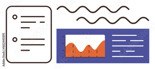 Chart with fluctuating orange graph, text blocks, and decorative wave lines. Ideal for data analysis, business reports, presentations, information sharing, marketing material, research and visual