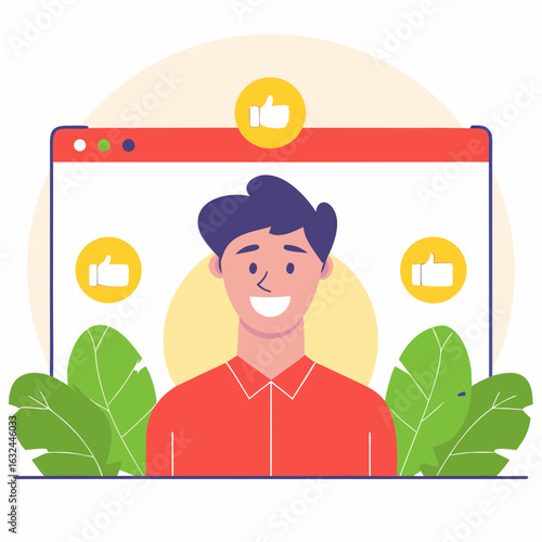 Happy man gets positive feedback online through social media likes