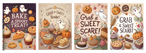 Set of four posters featuring Halloween desserts with ghosts pumpkins and festive decorations