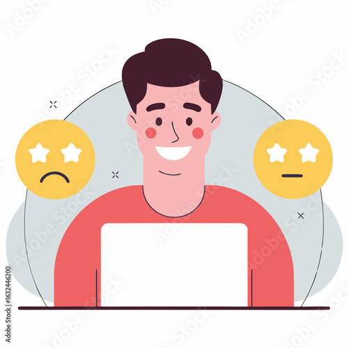 Man with contrasting emotions, assessing user experience with star ratings