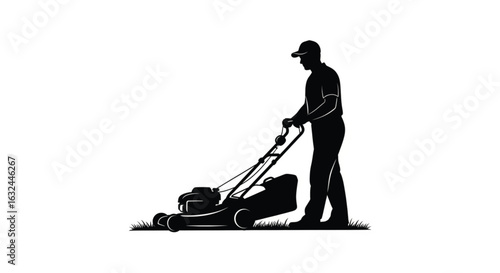 Man mowing lawn with push mower in garden