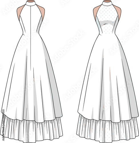 PrintElegant halter neck long dress fashion flat sketch, front and back view, flowy skirt, layered hem, modern evening gown design