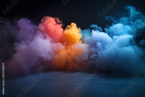 Vibrant plumes of purple orange and blue smoke swirl and blend against a dark moody background creating a mesmerizing abstract visual