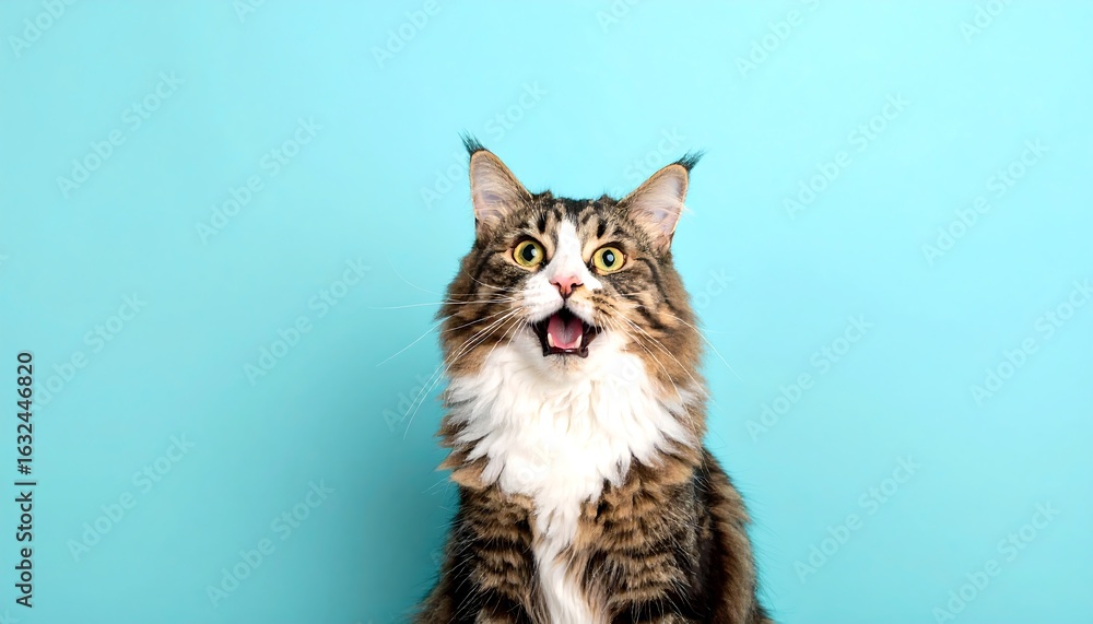 Fototapeta premium Surprised Maine Coon Cat with Open Mouth on Light Blue Background