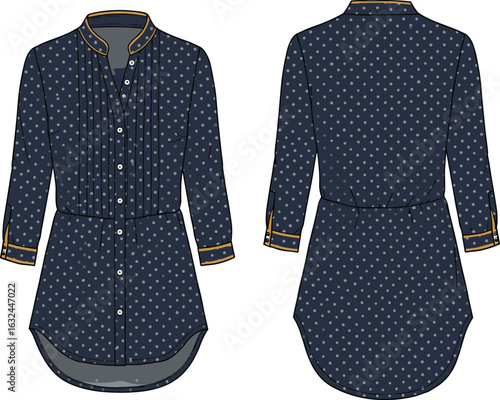 Navy blue polka dot long tunic shirt dress with mandarin collar, gold trim, buttons, back view and front view design