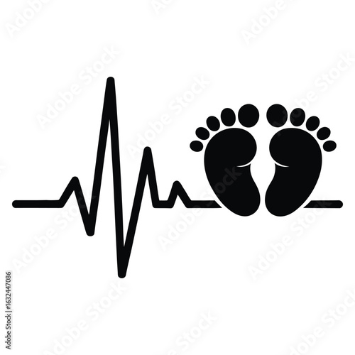 Flat heartbeat line merging into heart and baby feet for childbirth and family wellness vector symbol