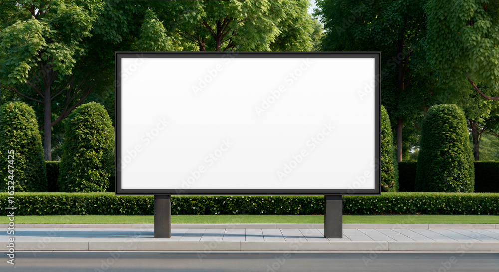 Fototapeta premium Large Blank Outdoor Billboard Mockup on a Sidewalk with Green Trees
