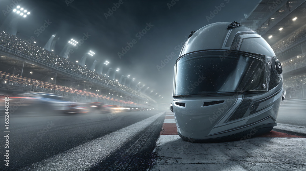 Fototapeta premium Racing helmet on track with stadium lights and blurred race cars. Motorsport challenge. Speed and action sport.