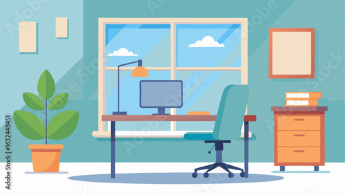 A home office with a minimalist desk and a comfortable chair. A large window provides ample natural light for working.