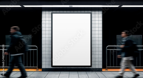 Blank Billboard Mockup in a Modern Subway Station with Blurred People