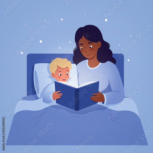 Vector illustration of bedtime story scene with woman reading to excited young boy at night
