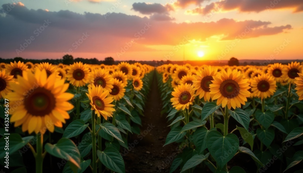 Fototapeta premium Rows of sunflowers glow at sunset, shadows lengthening , shadows, summer, nature