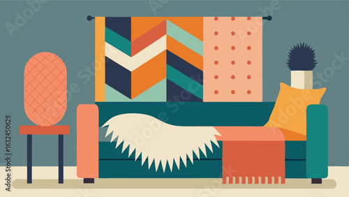 A mix of different textures and fabrics from a faux fur throw on the sofa to a woven tapestry hanging on the wall.