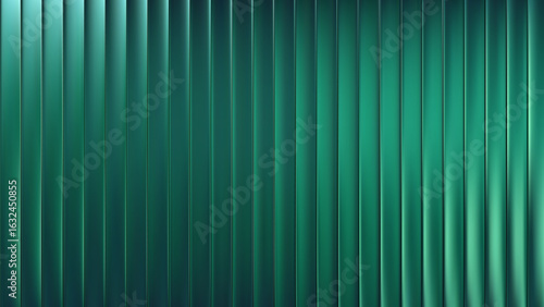 Dark green ribbed glass texture with glossy vertical waves. Frosted ribbed background with gradient effect. 3D lines and light create vertical premium corrugated reed metal and fluted waves.