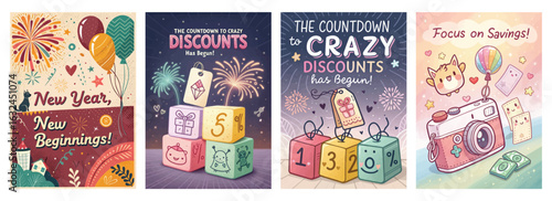 Set of four posters featuring vibrant illustrations of new beginnings with fireworks and gift boxes