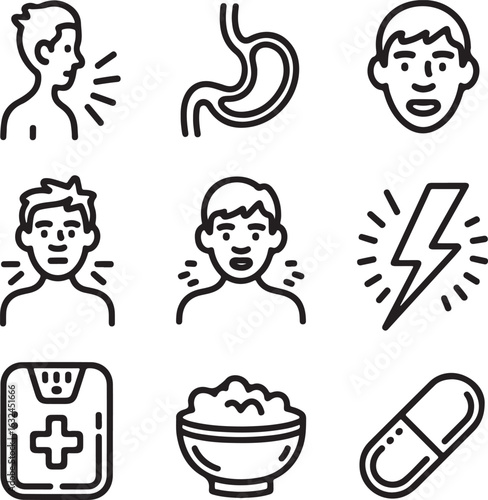Malnutrition Awareness Icons Thin Body, Low BMI Chart, Appetite Loss, Weighing Scale, Fatigue, and Medical Alert